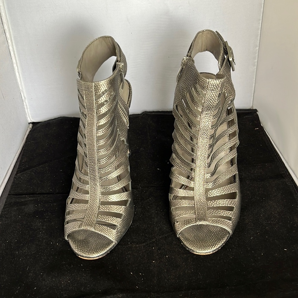 Vince Camuto Silver Pewter leather high heel sandals.  With zipper opening